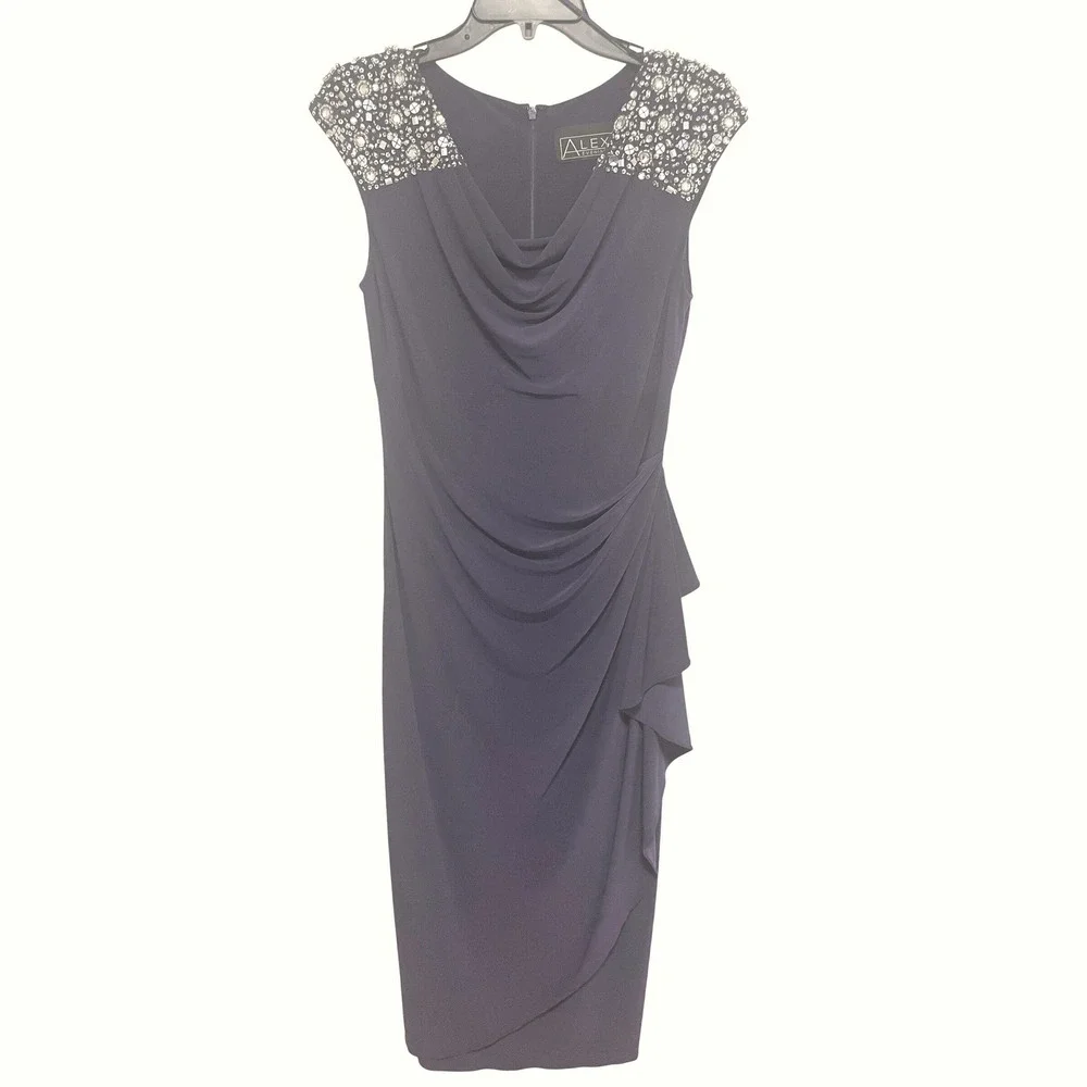 Alex Evenings Cocktail‎ Dress Royal Blue Jersey Beaded Shoulder Draped Formal